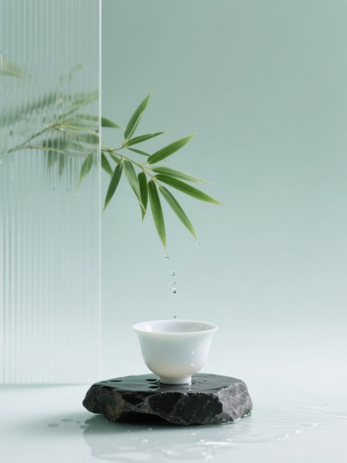 新中式美学，以柔和渐变的浅绿色为背景，搭配通透竖条玻璃隔断、翠绿竹叶，白色瓷质器皿置于黑色石质底座，营造水滴洒落预览效果