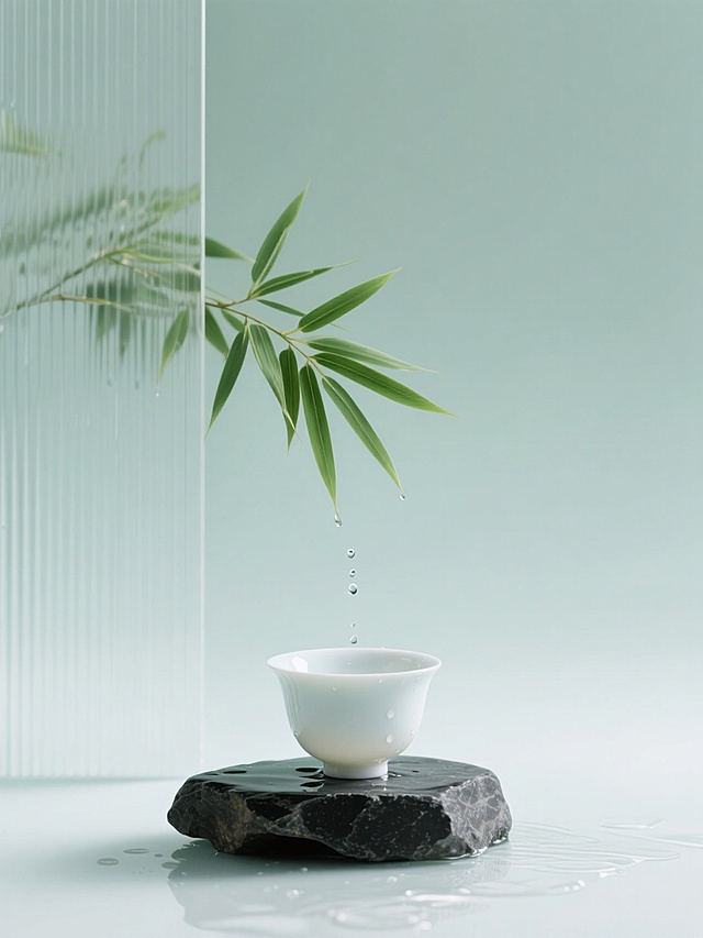 新中式美学，以柔和渐变的浅绿色为背景，搭配通透竖条玻璃隔断、翠绿竹叶，白色瓷质器皿置于黑色石质底座，营造水滴洒落
