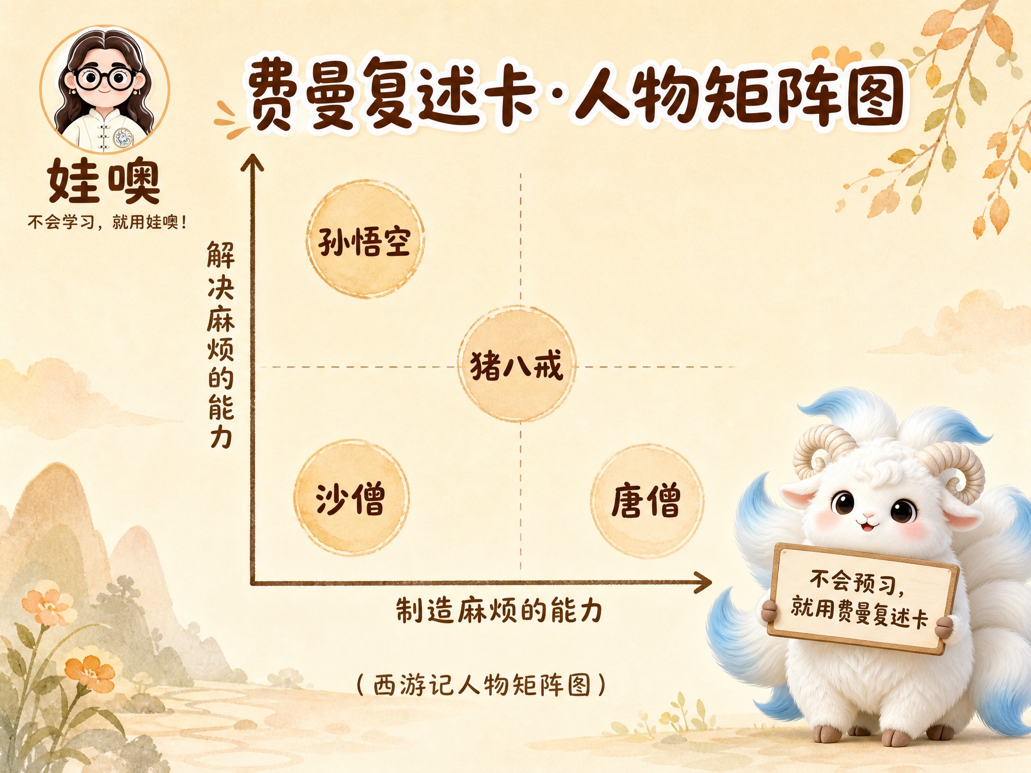 A4横版费曼复述卡标准模板，米黄色暖色调温馨风格。左上角是品牌… - 图片创意预览