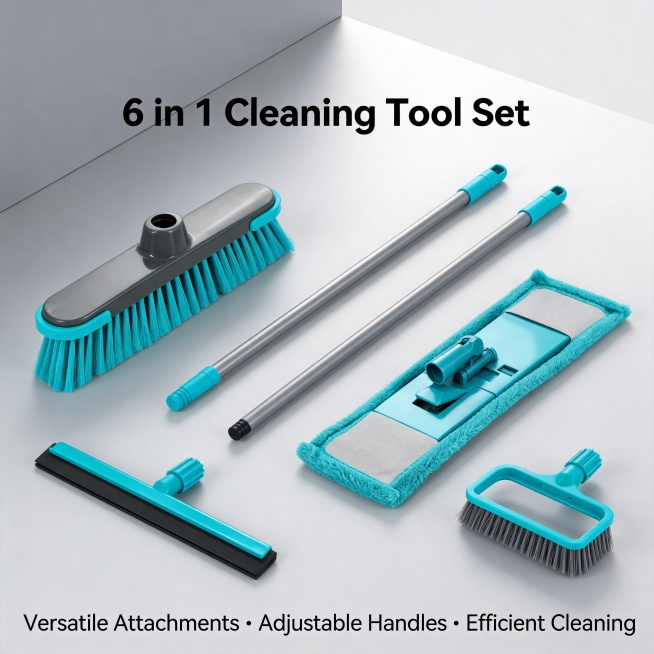 English product recommendation renderings of 6 in 1 cleaning tool set, including broom, flat mop, sq预览效果
