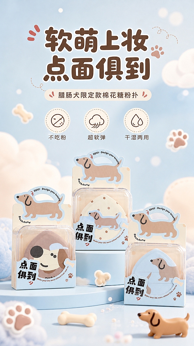 [商品] 使用【图1】三款腊肠犬粉扑（含包装），保留水滴形粉扑轮廓、透明方形收纳盒、顶部腊肠犬造型挂卡、包装上"点面俱到""Dachshund""UUYP"等文字与图案；三款花色分别为棕底大脸狗、米白底波点腊肠犬、浅蓝底侧身腊肠犬，颜色和图案完全保真。
[画面] 目标：头图海报，突出软萌可爱与产品全貌。三款粉扑带包装呈阶梯式错落摆放，居中偏下，产品占画面约55%；背景为奶油浅蓝渐变，点缀云朵、小骨头、爪印等可爱插画元素，上方留白放标题；前景散落粉扑小装饰，中景产品主体，后景柔焦光斑，三层景深。
[视觉] 套系策略：风格=奶甜治愈系少女风商业摄影；标题字=圆润可爱粗圆体；正文字=简洁无衬线体；主色=奶油浅蓝+奶茶棕；背景延展=基于奶油浅蓝做渐变层次、柔焦光斑、同色系可爱插画点缀；强调色=奶杏粉，仅用于小面积图标、引线、标签装饰；标题色=深奶茶棕；正文色=暖灰棕；组件=圆角浅底信息卡、虚线引线、爪印/骨头小图标；光影=顶部柔光+侧前方补光，通透柔和。
[文字] 画面上方主标题"软萌上妆 点面俱到"，副标题"腊肠犬限定款棉花糖粉扑"，下方配3个小卖点图标：不吃粉、超软弹、干湿两用；文字不遮挡粉扑主体和包装关键图案。
[规格] 图片比例9:16竖版，4K，避免变形、错字、文字过小、冷灰背景、产品颜色改变、图案失真。