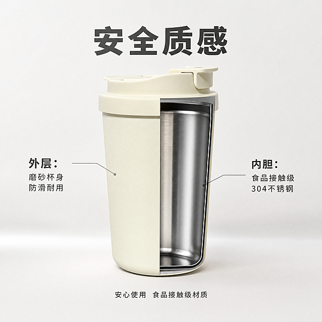 [主图-2] 保温咖啡杯材质安全卖点展示
[氛围风格] 干净简洁专业，突出品质感
[画质] 商业摄影质感，光线柔和通透，产品清晰真实，画面干净高级
[元素] 奶白色保温咖啡杯展示，半剖视角露出内胆，清晰展示304不锈钢内胆材质和磨砂杯身外层。保持咖啡杯外观颜色和输入产品图一致，结构准确，杜绝变形色差。商品主体占比约70%，画面满屏无边框。
[光影] 柔和均匀的摄影棚光，侧逆光突出杯身磨砂质感，内胆不锈钢材质反光自然，细节清晰
[配色] 背景浅灰白色，主体奶白色，主文案深灰色，整体干净低饱和
[视角构图] 半剖平视，产品居中，景深较浅突出内胆细节
[文字版式] 顶部大字写"{安全质感}"，加粗深灰色居中。左侧文字标注"外层：磨砂杯身 防滑耐用"，右侧标注"内胆：食品接触级 304不锈钢"，引线清晰指向对应位置，文字清晰不遮挡主体。底部小字标注"安心使用 食品接触级材质"，简洁明了。
[比例分辨率] 1:1比例，4k分辨率，文字清晰锐利，超高清
[负向提示词] 变形，水印，文字错乱，产品图模糊，背景杂乱，文字遮挡主体