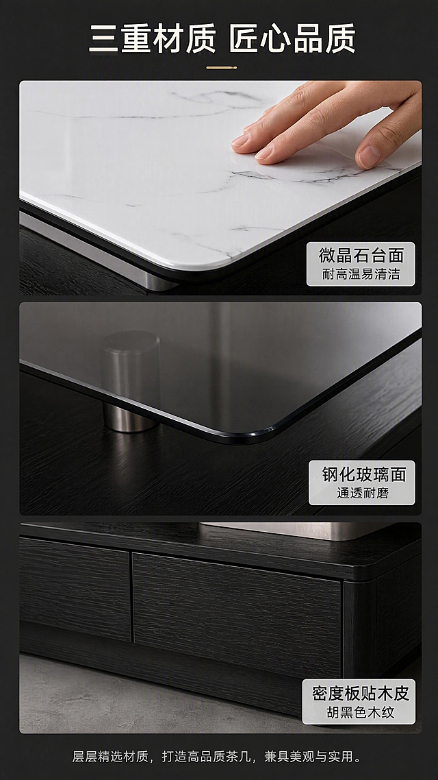 [第3张] 详情页材质解析页-胡黑色微晶石玻璃茶几三大材质细节展示。本张使用【图1】作为商品主体。
[氛围/风格] 专业材质解析风，微距特写质感，高级商业摄影。
[元素布局] 画面采用三宫格竖排布局，从上至下依次展示：1.微晶石台面微距特写-白色纹理清晰可见，手指轻触台面；2.钢化玻璃面特写-通透反光，边缘打磨光滑；3.密度板贴木皮柜体特写-胡黑色木纹肌理细腻，抽屉面板质感；每格配材质名称标签；整体保持产品结构与颜色一致。
[光影质感] 侧光斜打突出材质纹理，每格独立布光，质感细腻真实。
[配色色系] 全局底色 #2D2D2D 深灰；主色胡黑色+白色石材；辅助色浅灰标签底。
[视角构图] 竖排三宫格，阅读动线从上至下。
[文字版式] 顶部主标题「三重材质 匠心品质」；三宫格每格右下角配白色标签文字，分别为「微晶石台面 耐高温易清洁」「钢化玻璃面 通透耐磨」「密度板贴木皮 胡黑色木纹」；底部一行小字说明。
[比例分辨率] 9:16竖版比例，4K分辨率，文字清晰可辨，高清画质。
[负向提示词] 变形，水印，文字错乱，文字过小，材质纹理模糊，颜色偏差。