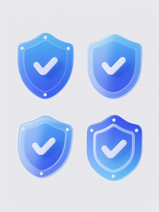 四个不同造型的蓝色渐变盾牌图标系列，每个盾牌中心都有白色对勾标志，保持光滑圆润的3D质感和半透明光效，带有蓝色环绕弧线和白色光点装饰，所有图标在纯白色背景上呈规整矩形排布，整体风格统一，每个盾牌造型在保持核心保护元素的基础上进行形态变化，如盾牌弧度、弧线数量、光点位置和环绕方式各不相同，呈现出既统一又多样的视觉效果。
