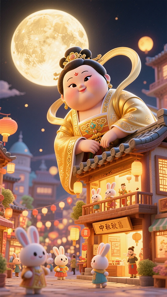 画面呈现金色调：巨人版胖嫦娥（看起来可爱又漂亮，大眼睛）脑袋侧枕着手臂从屋顶后探出，与下面的微缩的小兔国（熙熙攘攘的拟人兔子在繁华的街道过中秋节）互动，非常规的创意构图，中秋节庆的氛围，顶部硕大的月亮，