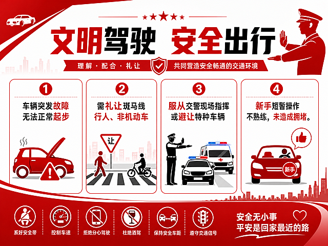 以红色和白色为主色调，图文排版清晰，创意设计交通驾驶说明海报，包含文字：
1.车辆突发故障无法正常起步
2.需礼让斑马线行人、非机动车
3.服从交警现场指挥或避让特种车辆
4.新手短暂操作不熟练，未造成拥堵
设计要求可读性强，现代简约风格，创意醒目，红色突出重点内容。