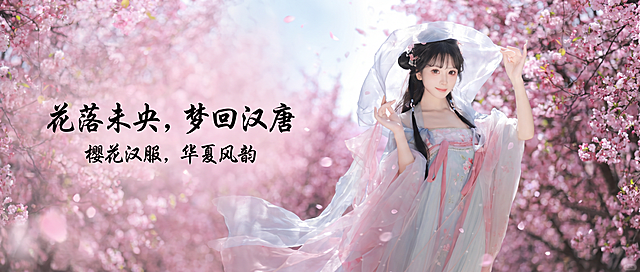 基于参考图生成一张古风樱花汉服主题宣传图，保留图中人物和樱花元素，尺寸为750x300，整体风格浪漫唯美