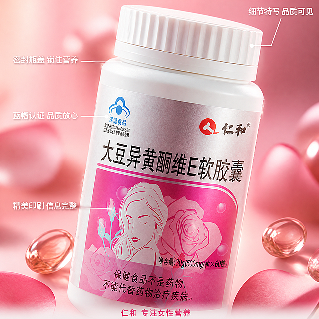 [主图-3] 细节特写图 瓶身标签与胶囊质感微距
[氛围风格] 微距细节 高端质感 温柔精致
[画质] 超高清微距摄影质感 细节锐利 材质真实
[元素] 产品瓶身占据画面主体，约占70%，采用45度斜侧视角，重点展示瓶身标签的细节和瓶身材质质感。保持产品外观与输入产品图完全一致，标签上的仁和Logo、蓝帽标识、产品名称、玫瑰女性图案都清晰锐利。瓶身白色塑料材质有细腻的质感，瓶盖有精致的竖纹细节。背景为粉色渐变，虚化处理，突出产品主体。瓶身旁有几颗悬浮的粉色透明软胶囊和玫瑰花瓣，增加产品真实感。画面中有一束侧光打在瓶身上，形成漂亮的高光带，粉色标签部分有通透的光泽。
[光影] 侧逆光从左后方照射，在瓶身右侧形成明亮的轮廓光，正面有柔和的补光，标签文字清晰可读。粉色标签部分有通透的光泽感，质感高级。整体光影精致，微距摄影质感。
[配色] 主色：柔粉加白色；辅助色：玫瑰粉、浅金、透明粉；强调色：玫红高光。
[视角构图] 45度斜侧视角，微距特写，产品占据画面主体，背景虚化，突出细节质感。
[文字版式] 右上角放置「细节特写 品质可见」白色小字。左下角放置3个细节标注，用细线指向对应部位：指向蓝帽标识「蓝帽认证 品质放心」、指向标签图案「精美印刷 信息完整」、指向瓶盖「密封瓶盖 锁住营养」，白色细字。底部居中放置「仁和 专注女性营养」玫红色小字。
[输出要求] 1:1比例 文字清晰可辨 超高清微距摄影质感
[负向提示词] 变形 文字错乱 产品模糊 背景杂乱 水印 电商平台Logo 人物 手部 色彩偏差 廉价感