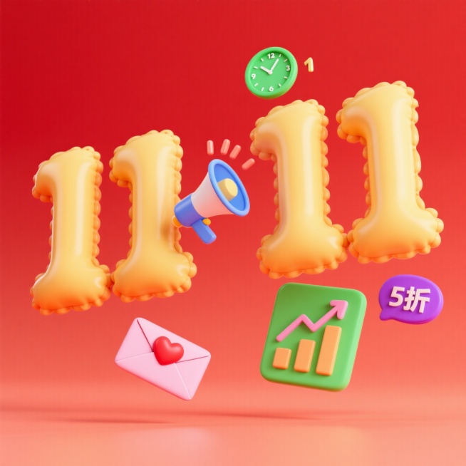 主体为一个促销感的黄色“11·11”造型，结合装饰元素：漂浮着喇叭、时钟、信封、爱心、数据图表、折扣标识等，前景干净，背景为红色预览效果