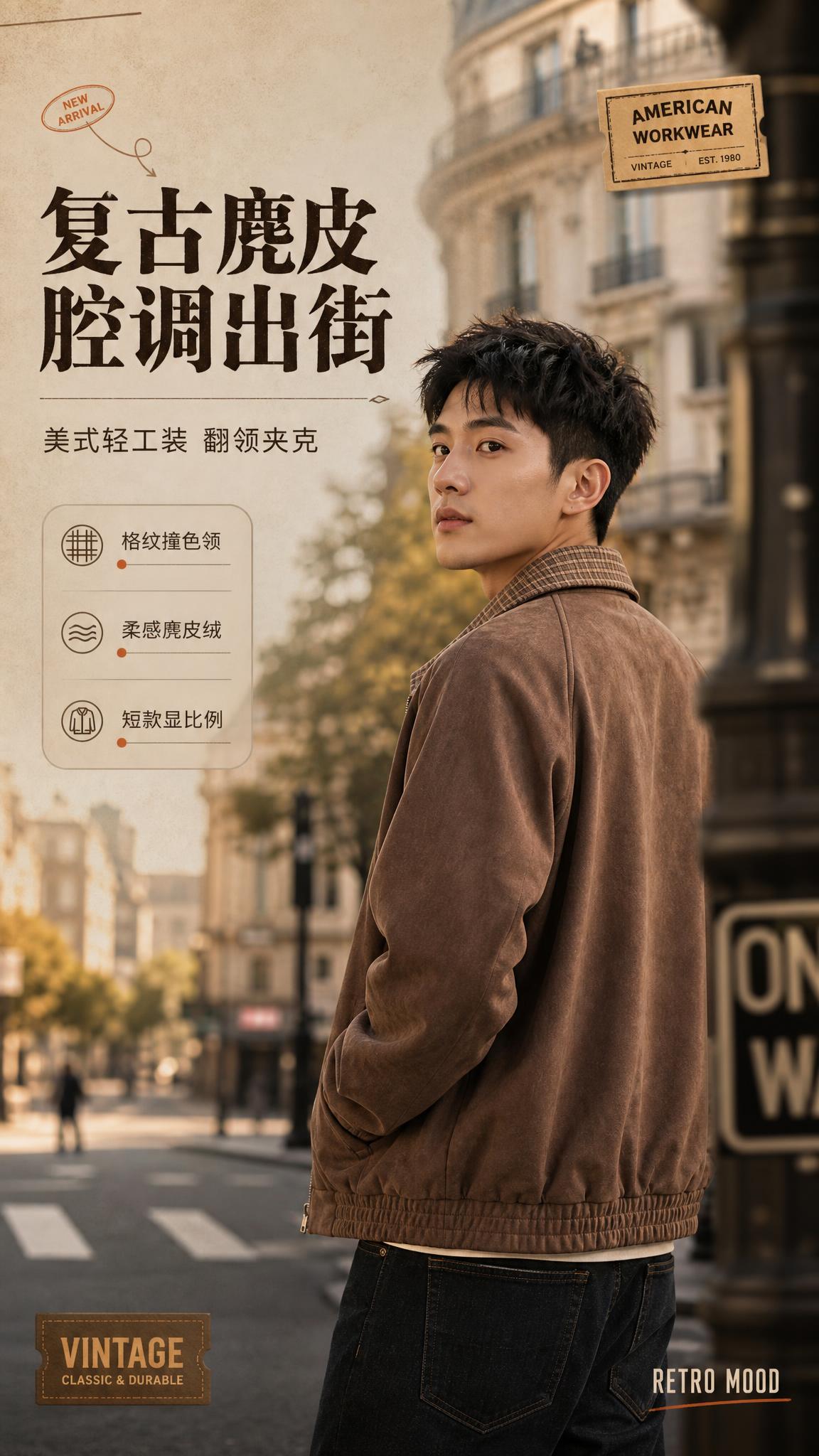 [商品] 使用【图1】棕咖色复古麂皮绒翻领夹克；商品处理：保留… - 图片创意预览
