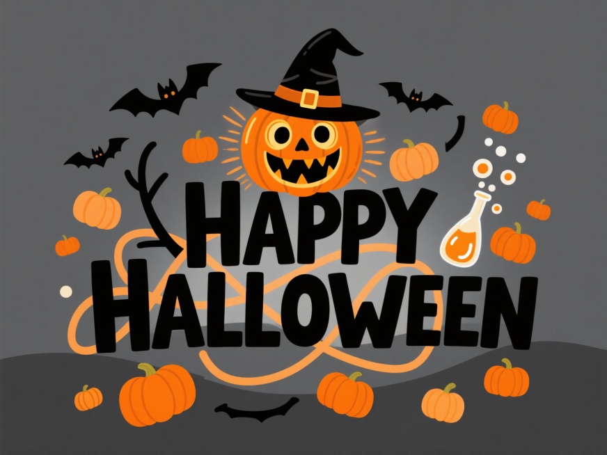 “HAPPY HALLOWEEN” 艺术字，上方有戴巫师帽的南瓜灯形象，周围搭配小南瓜、蝙蝠、魔法瓶等元素，色彩以橙黑为主，背景为深灰色，复古卡通风格预览效果