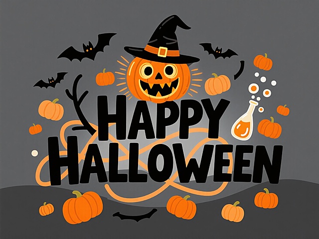 “HAPPY HALLOWEEN” 艺术字，上方有戴巫师帽的南瓜灯形象，周围搭配小南瓜、蝙蝠、魔法瓶等元素，色彩以橙黑为主，背景为深灰色，复古卡通风格