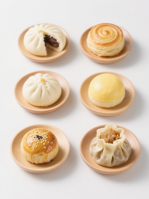 六个不同中式点心的白色背景产品摄影，每个点心单独放在浅色木质小碟中，保持高清写实风格，统一光线和阴影效果，规整网格排布。点心包括：1. 豆沙包（完整和切开展示内馅）2. 莲蓉酥（螺旋纹路酥皮）3. 叉烧包（褶皱顶部）4. 奶黄包（光滑圆顶）5. 芝麻球（金黄表面带芝麻）6. 糯米烧麦（顶部可见糯米馅料），所有点心保持自然色泽和质感，整体布局整齐对称。预览效果