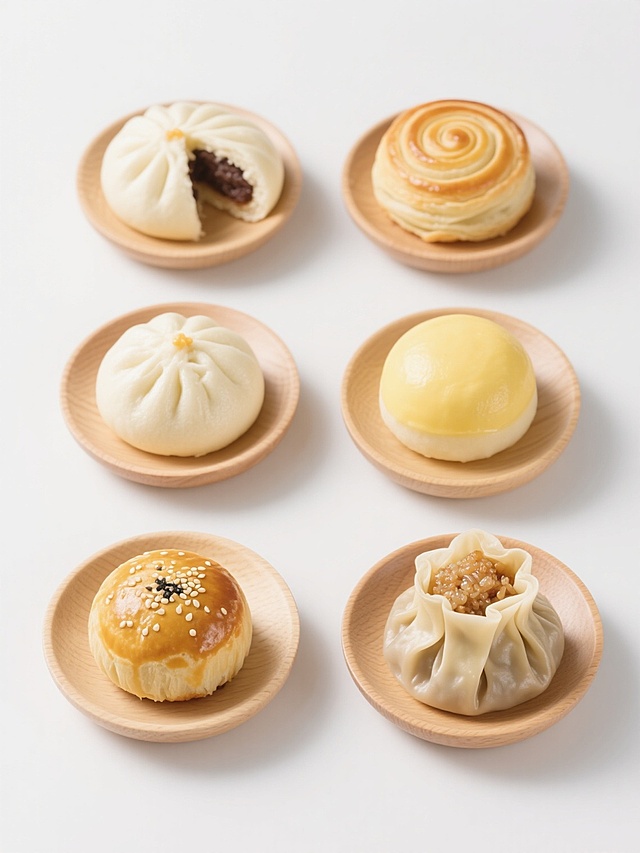 六个不同中式点心的白色背景产品摄影，每个点心单独放在浅色木质小碟中，保持高清写实风格，统一光线和阴影效果，规整网格排布。点心包括：1. 豆沙包（完整和切开展示内馅）2. 莲蓉酥（螺旋纹路酥皮）3. 叉烧包（褶皱顶部）4. 奶黄包（光滑圆顶）5. 芝麻球（金黄表面带芝麻）6. 糯米烧麦（顶部可见糯米馅料），所有点心保持自然色泽和质感，整体布局整齐对称。