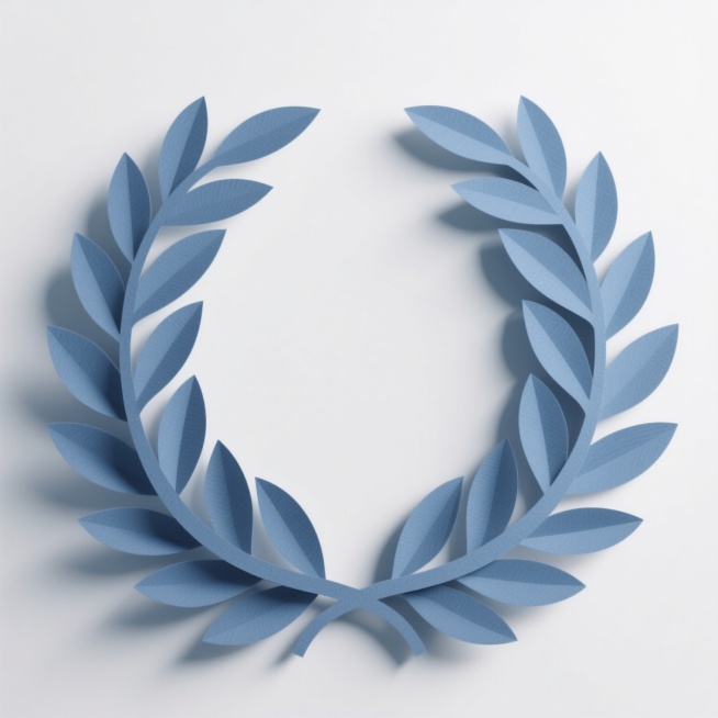 一个精致的对称月桂花环，采用立体剪纸艺术风格，整体呈现哑光质感的靛蓝色调，叶片边缘有轻微的渐变光影效果，背景为纯白色，构图简洁居中，展现出典雅而现代的视觉美感。预览效果