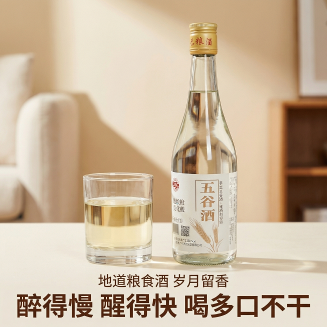 [主图 4] 饮用体验卖点展示
[氛围风格] 真实场景体验感，简约生活风
[画面元素] 商业摄影质感、光线柔和通透、产品清晰真实、画面干净高级。保留原产品单瓶酒，搭配透明玻璃杯盛出酒液，展示酒液清澈透预览效果