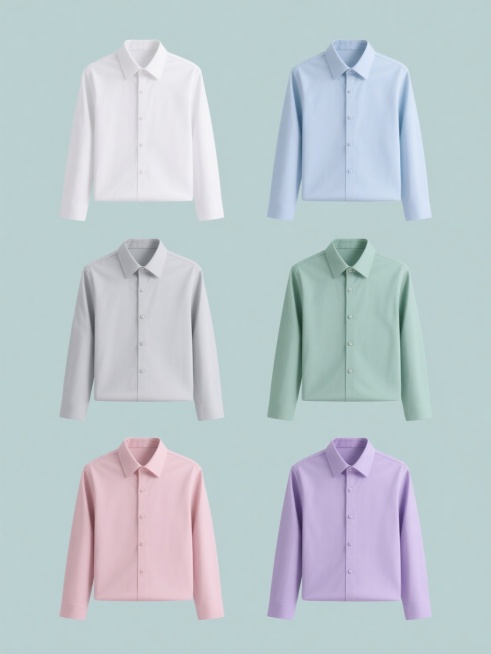 六个完全相同款式的男士长袖纯色衬衫，每个衬衫分别为白色、浅蓝、浅灰、粉色、绿色、紫色，保持简约商务风格，衬衫有翻领、前襟五颗纽扣、长袖设计，每个衬衫独立展示在纯色背景上，六件衬衫呈2行3列规整排布，整体为电商产品展示图，画面干净整洁，突出服装细节和色彩差异。预览效果