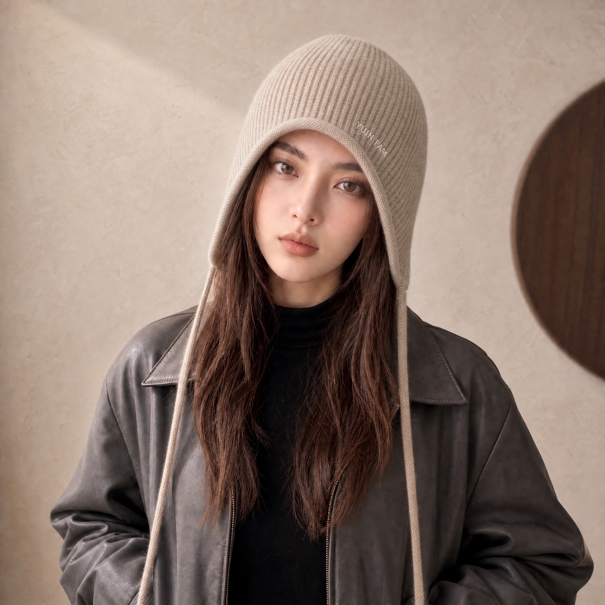 参照参考图中帽子的款式调整模特头上的帽子：将帽子改为燕麦卡其色… - 图片创意预览