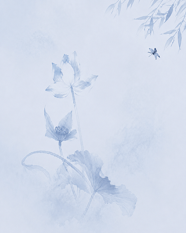 去掉图片中的所有文字文案和人物，只保留浅蓝底淡蓝色水墨画荷花竹叶和蜻蜓的背景