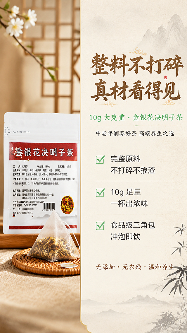 电商首屏海报，左右双模块布局，9:16竖版；左侧产品展示区放置完整的金银花决明子茶包装和三角包实物竖版实拍，不改动产品外观，不放置文字；右侧文字区域：顶部居中是主标题，内容为"整料不打碎 真材看得见"，使用新中式毛笔书法体，字号72px，颜色深棕色#8B5A2B；主标题下方是副标题，文字内容为"10g 大克重・金银花决明子茶"，使用思源宋体Bold，字号48px，颜色茶绿色#94C973；副标题下方是核心slogan，文字内容为"中老年润养好茶 高端养生之选"，使用思源宋体Regular，字号32px，颜色深灰色#333333；slogan下方是竖排左对齐的卖点短句，文字内容为"✅ 完整原料 不打碎不掺渣 ✅ 10g 足量 一杯出浓味 ✅ 食品级三角包 冲泡即饮"，使用思源宋体Regular，字号28px，颜色深灰色#333333；右侧最下方是底部承诺小字，文字内容为"无添加・无农残・温和养生"，使用思源宋体Regular，字号24px，颜色深棕色#8B5A2B，整体版式干净清晰，中式养生风格。