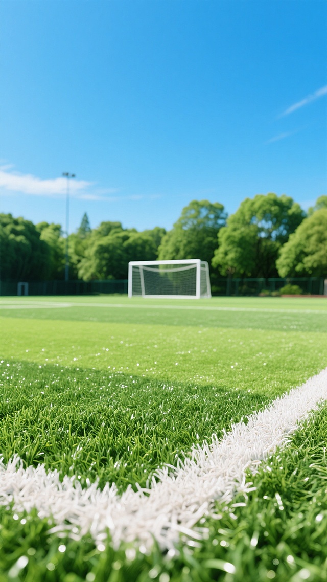 一张足球场的高清摄影照片，前景是近景俯拍的绿色人工草坪，草丝清晰可见，阳光照射下泛着明亮的光泽，草坪上有白色的线条标记。画面中央远处是白色的足球球门，背景是茂密的绿色树木和晴朗的蓝色天空，整体采用低角度仰拍构图，光线明亮，色彩鲜艳饱和，具有清晰的景深效果，营造出开阔、自然、充满活力的氛围。