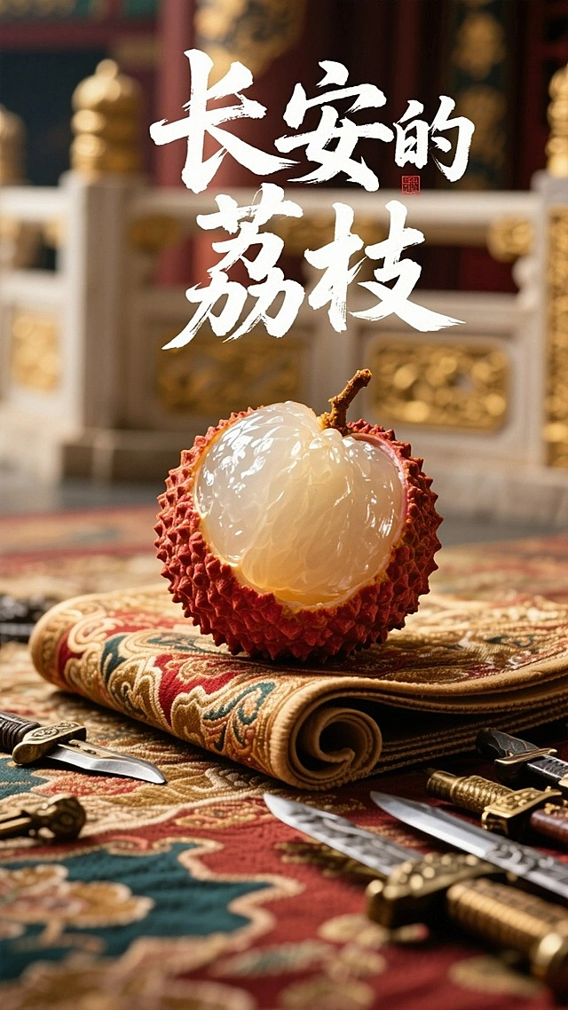 采用书法字体主标题 “长安的荔枝” ，画面结合荔枝元素与长安特色元素，营造独特的氛围感，一个新鲜的荔枝剥开一半壳，占画面上下一半，背景是大唐皇宫，雕栏玉砌，背景模糊。整个荔枝落在地面上，地面上铺了一层奢华的锦绣，锦绣卷曲的地方漏出真实的土地和一堆武器。