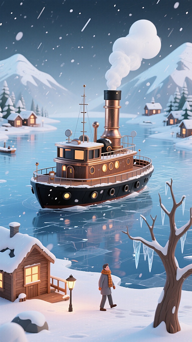 全景构图，主视觉是黑铜色复古蒸汽船（烟囱冒白汽，甲板覆雪），航行于结冰湖面。湖畔木屋错落，窗亮暖灯，雪地行人围围巾散步，右下角有挂冰锥的枯树。背景是银白雪山与灰蓝夜空，雪花斜飘，黑棕 + 冰蓝配色，静谧有格调。