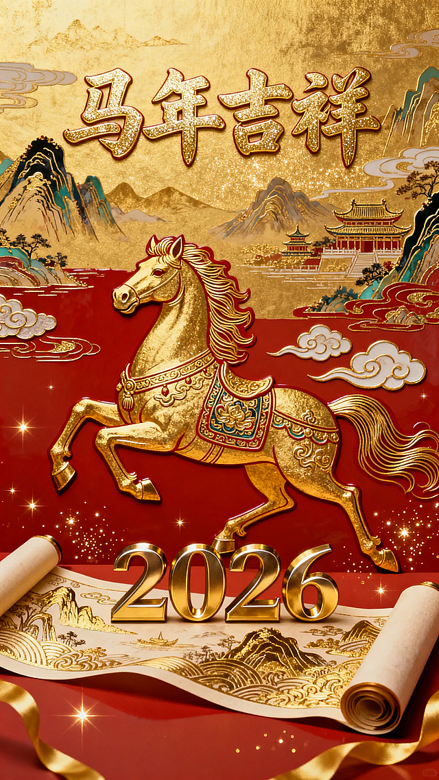 2026马年新年主题竖版海报，以大红色渐变背景为主，画面上方有金色书法字体书写的"马年吉祥"主标题，字体带有金粉质感与立体浮光效果。画面中央是一匹金色奔马，采用传统国潮风格，用金色渐变、金箔粉点和简化线条表现，马身带有祥云元素与古风装饰。马的前方有金色的"2026"数字，数字呈现立体金属质感。背景是金色的中国传统山水画，有山峦、古建筑和祥云图案。画面下方有展开的金色卷轴，卷轴上有传统的山水纹样。整体布局纵向竖幅，画面元素层次丰富。色彩以正红为主色调，搭配璀璨鎏金，色调浓郁喜庆且华丽。添加金色光效、粒子闪烁、绸缎光泽等细节，营造出大气磅礴的新年庆典氛围
