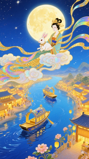 梦幻奇幻风格，全景，近景是嫦娥怀中抱着玉兔驾着大祥云，俯瞰着人间。中间是蓝色的河流 ，河流上有两艘花船，河流两边是万家灯火和热闹的集市，中间偏上是巨大的发光满月，超现实的星空河流世界，梦幻感，色彩以深预览效果