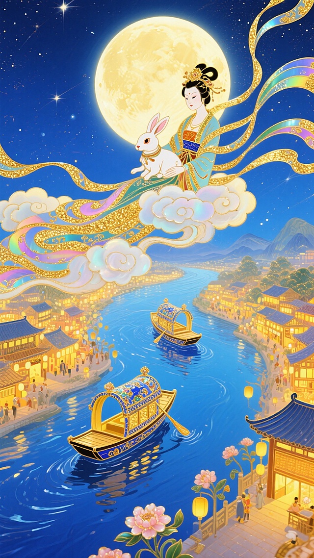 梦幻奇幻风格，全景，近景是嫦娥怀中抱着玉兔驾着大祥云，俯瞰着人间。中间是蓝色的河流 ，河流上有两艘花船，河流两边是万家灯火和热闹的集市，中间偏上是巨大的发光满月，超现实的星空河流世界，梦幻感，色彩以深邃蓝、暖黄为主，搭配金色点缀。