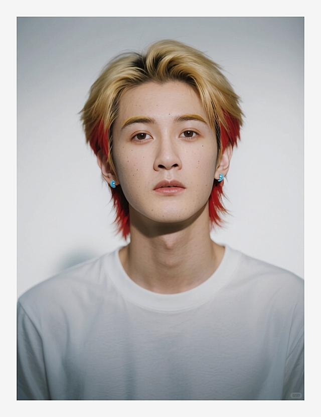 一个男生，狼尾短发，上半部分金色+下半部分嫣红色；金色眉毛；戴浅蓝色耳钉，穿白色T恤