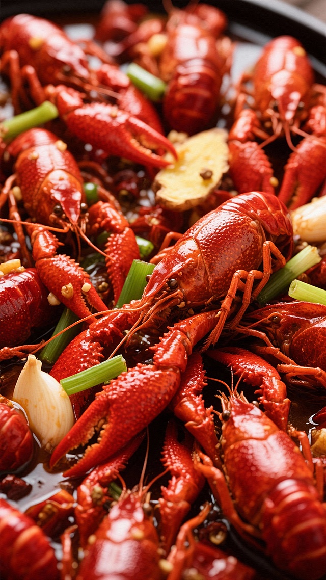 重拟物风呈现的油亮小龙虾，融合中式烹饪元素，实景感十足，光影交错间透出浓郁喜庆气息，液态汤汁与体积感外壳交织，油画质感尽显美食诱惑。