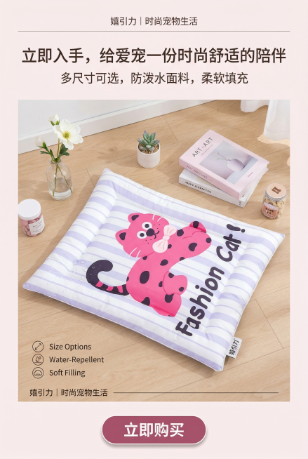 2:3竖屏，杂志风精致排版，整体风格清新可爱，高级统一。画面中心展示嬉引力宠物软软窝垫的全景图，严格还原上传的产品图，包括包装设计、颜色、LOGO位置、文字内容、图案元素等所有细节，产品在真实物理空间预览效果