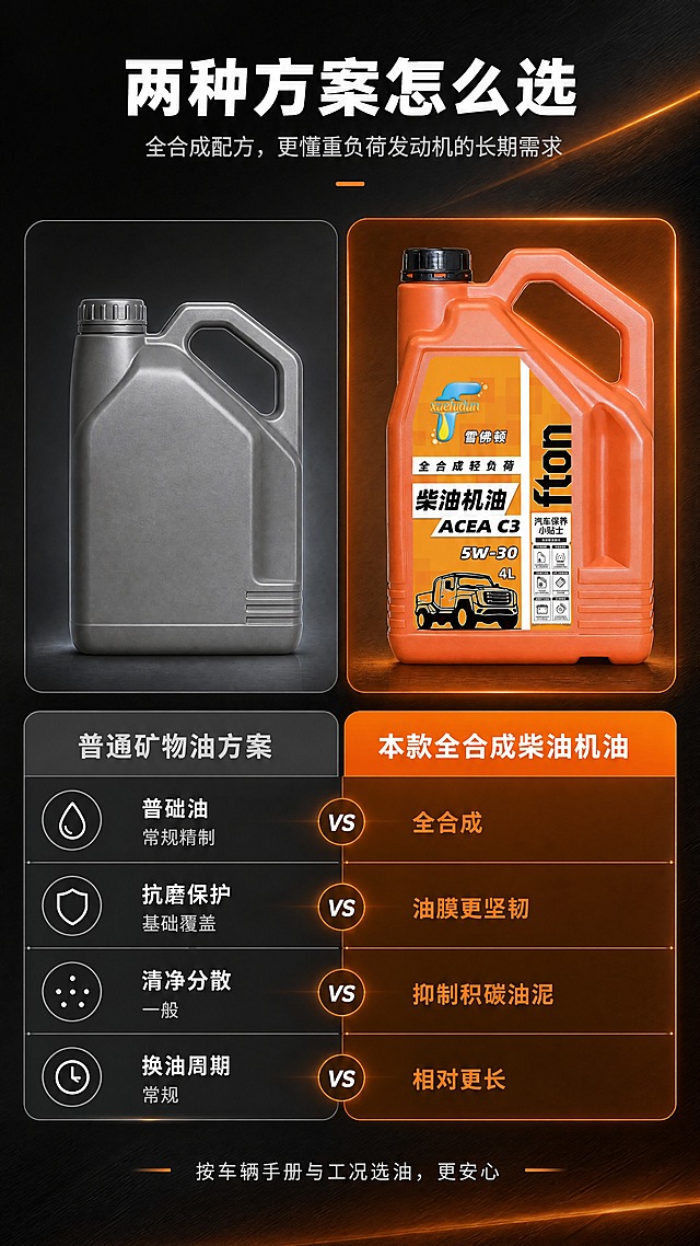 [商品] 使用【图1】雪弗顿 Xuelidun 全合成重负荷柴油机油 4L 橙色塑料桶；保留桶身比例、提手、瓶盖与标签全部原有文字图案，置于右侧对比栏作为本款代表，左侧对比栏不出现任何真实品牌包装，仅以中性哑光灰桶示意普通方案。
[画面] 详情页第六屏左右对比；画面中下部为左右两栏 PK 结构，左栏标题区为中性灰调、右栏为橙色高亮，两栏共用同一水平基准线与横向四行对比条目；右侧本款产品实拍占右栏上部约70%；背景深色分层，右栏带橙色微光，左栏带灰调微光；上方留出主标题与结论句。
[视觉] 套系策略：风格=国内电商理性专业工业硬核商业摄影；标题字=思源黑体Heavy粗黑；正文字=中等黑体；主色=深石墨黑；背景延展=石墨黑向深棕黑同色渐变叠加细密金属拉丝与暖橙光带；强调色=产品橙，仅用于小面积图标、引线、标签与轮廓光；标题色=纯白；正文色=浅暖灰；组件=细线圆角信息卡、橙色发光引线、参数角标胶囊；光影=顶部暖橙轮廓光+左前侧柔光。
[文字] 顶部主标题「两种方案怎么选」；左栏标签「普通矿物油方案」，右栏标签「本款全合成柴油机油」；四行对比横排：「基础油 / 常规精制 · 全合成」「抗磨保护 / 基础覆盖 · 油膜更坚韧」「清净分散 / 一般 · 抑制积碳油泥」「换油周期 / 常规 · 相对更长」；底部一句「按车辆手册与工况选油，更安心」；不贬损其他品牌。
[规格] 图片比例9:16竖版，1080x1920，4K；避免出现竞品真实包装或Logo、贬损性文案、瓶身变形、标签文字错乱、竖排文字、蚂蚁字、二维码、水印、平台Logo、绝对化用语、冷蓝色主调。