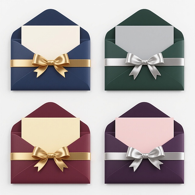 白色背景上，四个规整排布的系列素材集合，每个素材均为3D风格的信封与卡片组合，保持信封开口、露出内部卡片、金色丝带缠绕的核心元素和精致细节。第一个素材为深蓝色信封配米白色卡片与金色丝带，第二个为深绿色信封配浅灰色卡片与银色丝带，第三个为酒红色信封配米黄色卡片与金色丝带，第四个为深紫色信封配浅粉色卡片与银色丝带，所有元素均具有平滑渐变的材质感、清晰的高光与阴影表现，整体呈现简洁优雅的设计感，适合作为正式邀请函或通知类的装饰元素。