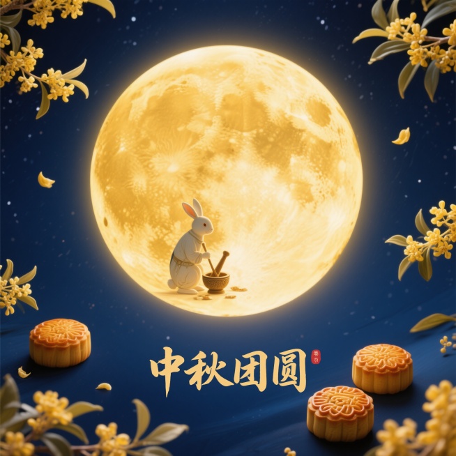 深蓝色夜空背景，中心是一轮巨大的金黄色明月，月面上有玉兔捣药的场景，周围散落着金黄的桂花和精致月饼，整体采用中心对称构图，“中秋团圆”用古朴典雅的书法字体，添加柔和的月光晕染效果预览效果