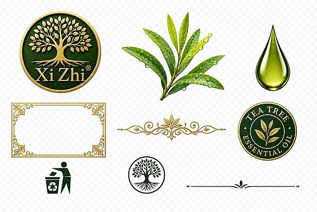 透明背景PNG素材集合图，茶树精油包装盒（深绿款）全部设计素材提取，在透明背景上整齐排列展示所有素材元素，包括：1.西植品牌金色树徽章圆形logo、2.茶树鲜叶带水珠主图（翠绿叶片带水滴）、3.绿色精油滴珠独立图、4.金色装饰边框（带角花矩形边框）、5.装饰分隔线花纹、6.TEA TREE ESSENTIAL OIL圆形徽章（带茶叶图案）、7.回收垃圾桶图标、8.小型深绿树徽章图标、9.产品说明标题装饰线，所有素材高清精致，保留原始质感和细节，整齐排列在透明画布上，间距均匀，方便取用，4K超清