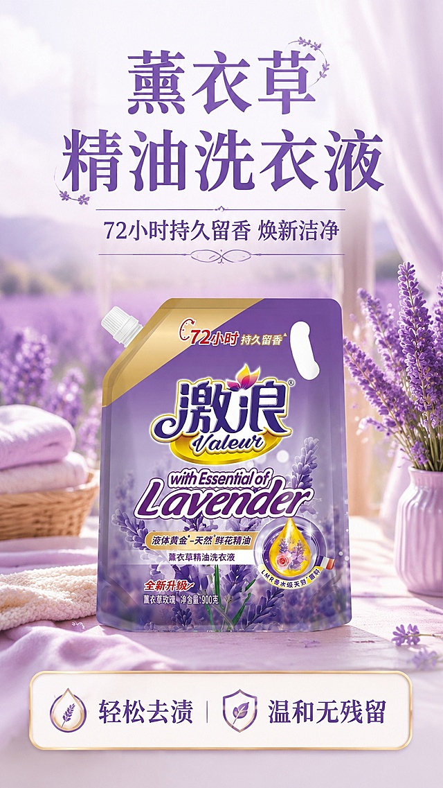[第1屏] 详情页头图-激浪薰衣草精油洗衣液宣传海报。本屏使用【图1】作为商品主体。
[氛围/风格] 清新自然清洁氛围，浅紫色薰衣草花海背景，柔和温馨的家居风，商业摄影质感。
[元素布局] 商品主体放置在画面中下位置，占比约65%；上方预留主标题区，背景点缀真实薰衣草花束；保持商品包装结构、文字、颜色与输入产品图完全一致。
[光影质感] 正面柔光均匀打光，商品底部自然投影，整体明亮干净，突出洗衣液包装的质感。
[配色色系] 全局底色 #F5F0FB，主色薰衣草紫，辅助色浅金、白色。
[视角构图] 正面平视，商品为绝对视觉中心，阅读动线从上至下。
[文字版式] 顶部为主标题区，底部为卖点信息条。主标题「薰衣草精油洗衣液」，副标题「72小时持久留香 焕新洁净」；底部信息条标注核心卖点「轻松去渍 温和无残留」，文字不遮挡商品主体，清晰醒目。
[比例分辨率] 9:16 竖版比例，4K分辨率，文字清晰可辨，高清画质。
[负向提示词] 包装变形，文字错乱，颜色偏差，缺件错件，水印，背景杂乱，产品图模糊