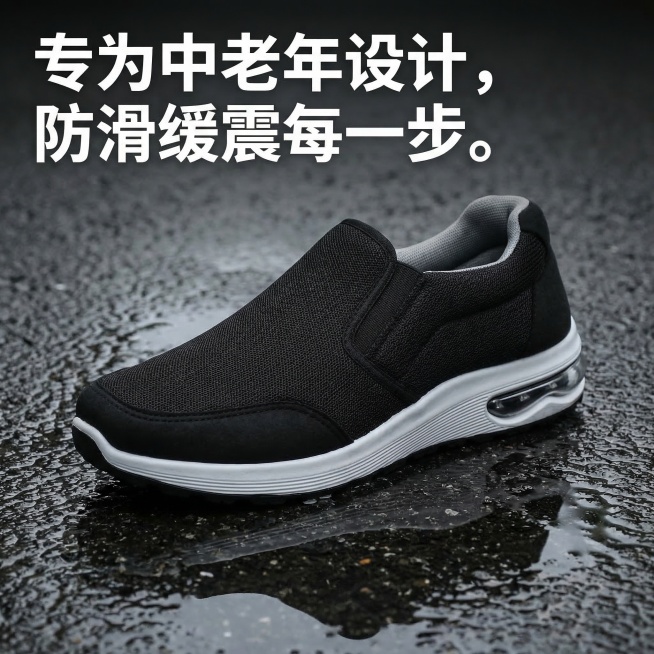 中老年健步鞋电商主图，1:1比例，核心目标是在搜索结果页中一眼抓住用户注意力。顶部核心信息区放置白色加粗字体的文案“专为中老年设计，防滑缓震每一步。”，文字清晰醒目不遮挡产品。中部商品展示区是用户上传预览效果