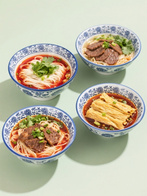一组4个不同造型牛肉面的系列素材集合，每个牛肉面都盛在具有传统花纹的蓝白瓷碗中，保持高分辨率美食摄影风格，明亮的光线，鲜艳的色彩，丰富的细节，红色的汤底，白色的面条，绿色的香菜和葱花，棕色的牛肉片，黄色的腐竹，规整排布在纯色背景上，整体构图平衡，视觉效果诱人。预览效果