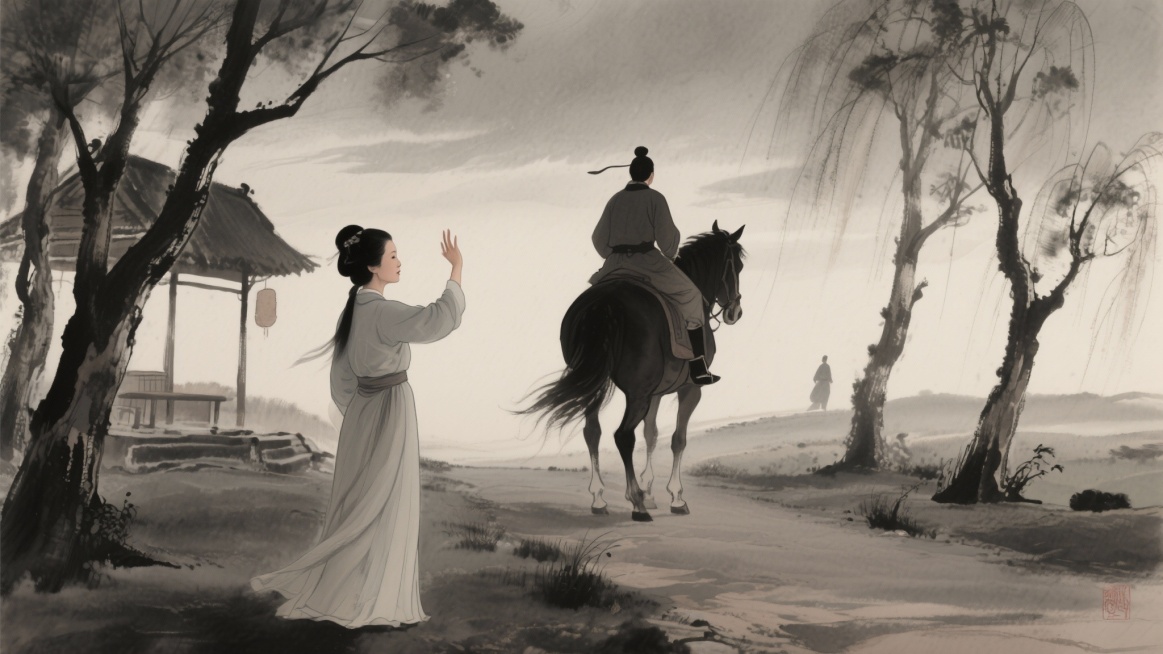 中年薛涛站在原地挥手，望着中年元稹远去的背影，眼神落寞 和之前的风格保持一致预览效果