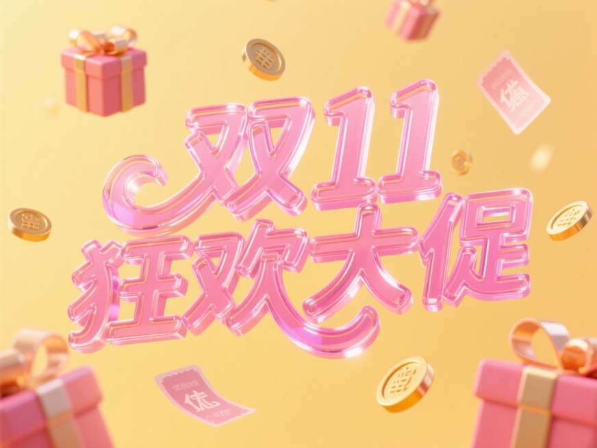 粉色玻璃艺术字"双11 狂欢大促"。周围漂浮点缀礼盒、优惠券、金币等促销元素，线条流畅，暖黄色背景，高纯度配色。预览效果