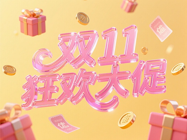 粉色玻璃艺术字"双11 狂欢大促"。周围漂浮点缀礼盒、优惠券、金币等促销元素，线条流畅，暖黄色背景，高纯度配色。