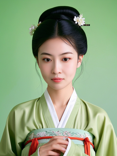 女生，汉服证件照，国风，精致，浅绿色背景预览效果