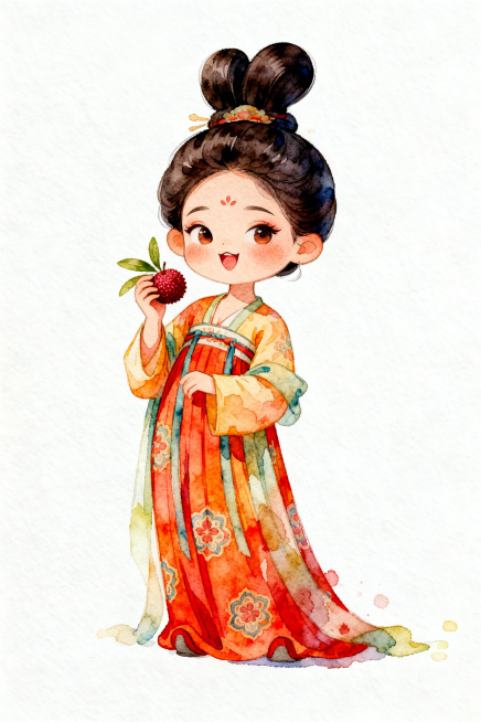 Q版卡通写实风格仕女图，身着襦裙，高发髻，裙子颜色艳丽，裙子图案清晰，人物表情生动俏皮妩媚，手持杨梅，水彩暖色系晕染，搭配纯白背景预览效果