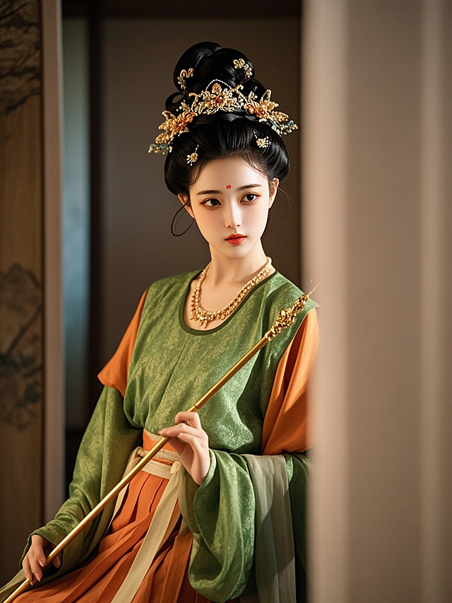 工笔风与重拟物结合，古典中式美人持金杖静立，鎏金发饰与华服交织出优雅唯美的意境，尽显东方美学韵味。