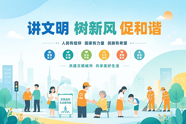 将这张讲文明树新风促和谐海报重新设计为清新简约的现代插画风格。保留"讲文明 树新风 促和谐"主标题文字，整体色调改为清新的蓝绿色系搭配暖橙色点缀，背景采用简洁的渐变天空和几何色块，去掉传统红绸、华表等元素，换成现代简约的城市建筑线稿和自然绿植元素。人物插画改为扁平化简约风格，画面更加干净清爽，留白充足，字体改为简洁现代的无衬线字体，整体风格年轻时尚，富有活力。