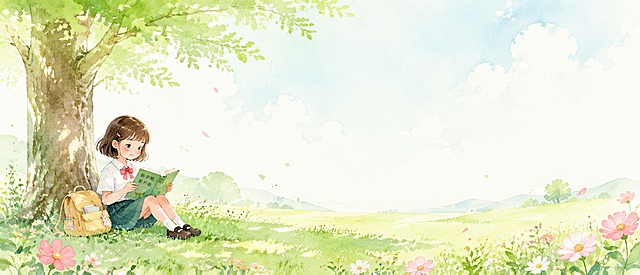 水彩手绘风格插画，清新的春季开学场景，嫩绿的草地上点缀着粉色和白色的小花，小学生坐在大树下翻开一本新书，阳光透过树叶洒下斑驳光影，画面色调清新明亮，以薄荷绿、浅绿、淡粉为主色调，远处有蓝天白云，画面留白较多适合作为卡片背景，治愈系绘本风格，高品质，细节丰富。尺寸：13.5cm × 6.5cm