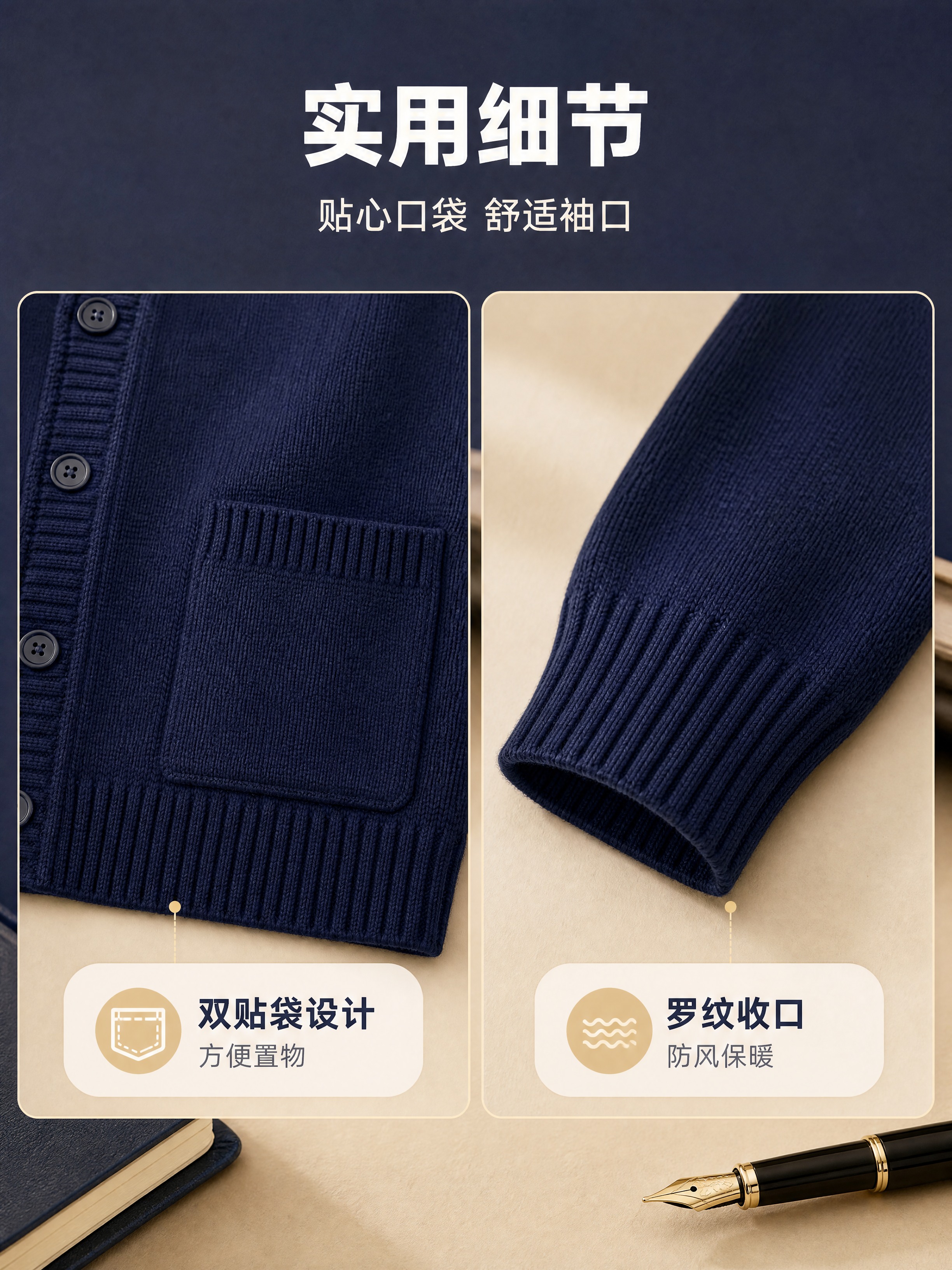 [商品] 使用【图1】藏青色V领针织开衫；商品处理：保留双口袋… - 图片创意预览