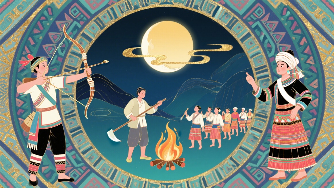 重新创作拉祜族根古故事插画，这次提取参考图的饱满装饰性国潮风格，铺满拉祜族传统几何民族纹样做底纹，中心突出日月同辉神话符号，四周环绕持弩拉祜猎人、持锄汉人农夫、火塘歌舞、南迁队伍四个核心场景，强化拉祜预览效果